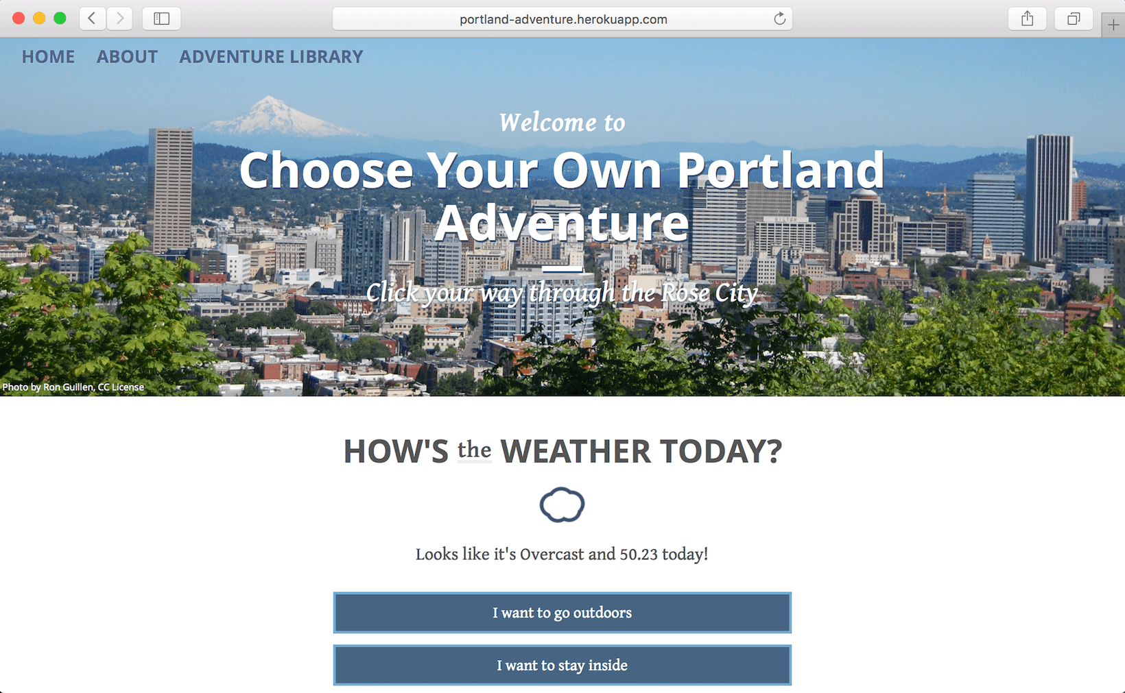 A screenshot of the front page of our application, featuring Portland's current weather.
