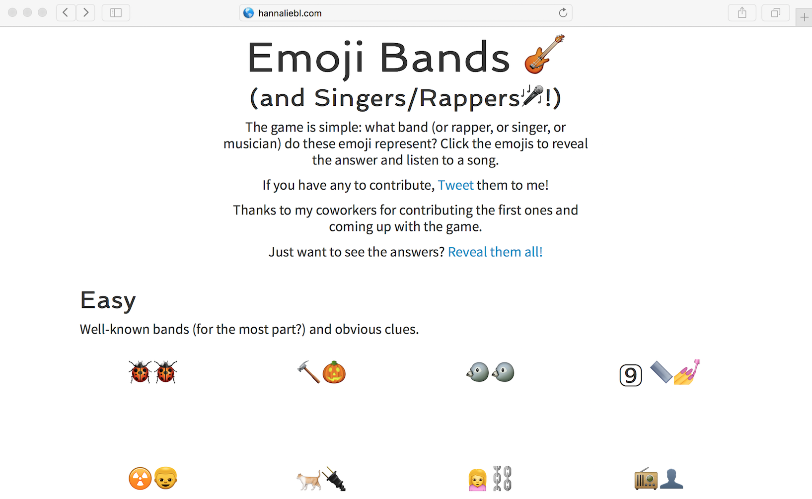 A screenshot of the emoji band riddle site.