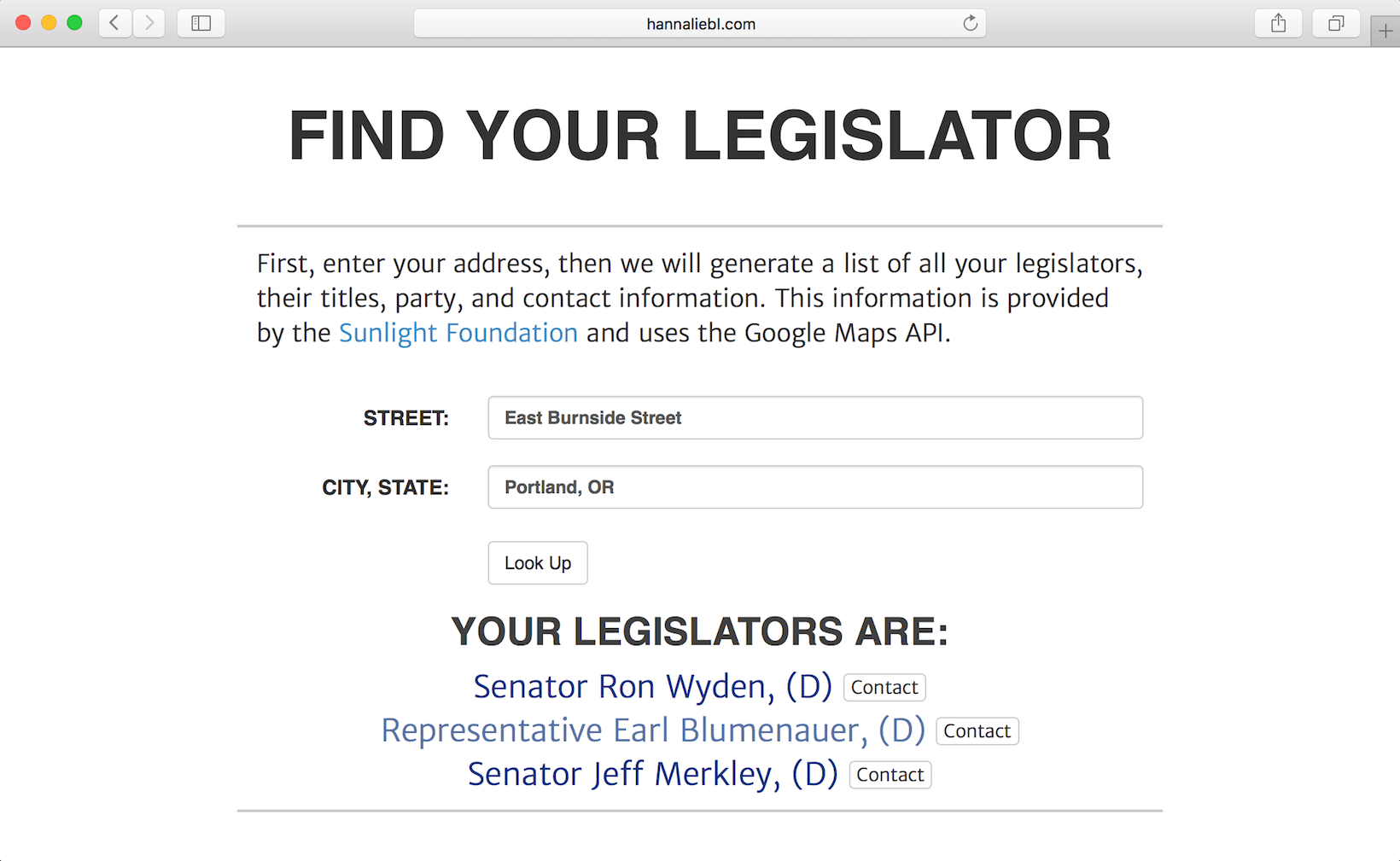 A screenshot of the site displaying senators and representatives for an inputted address.