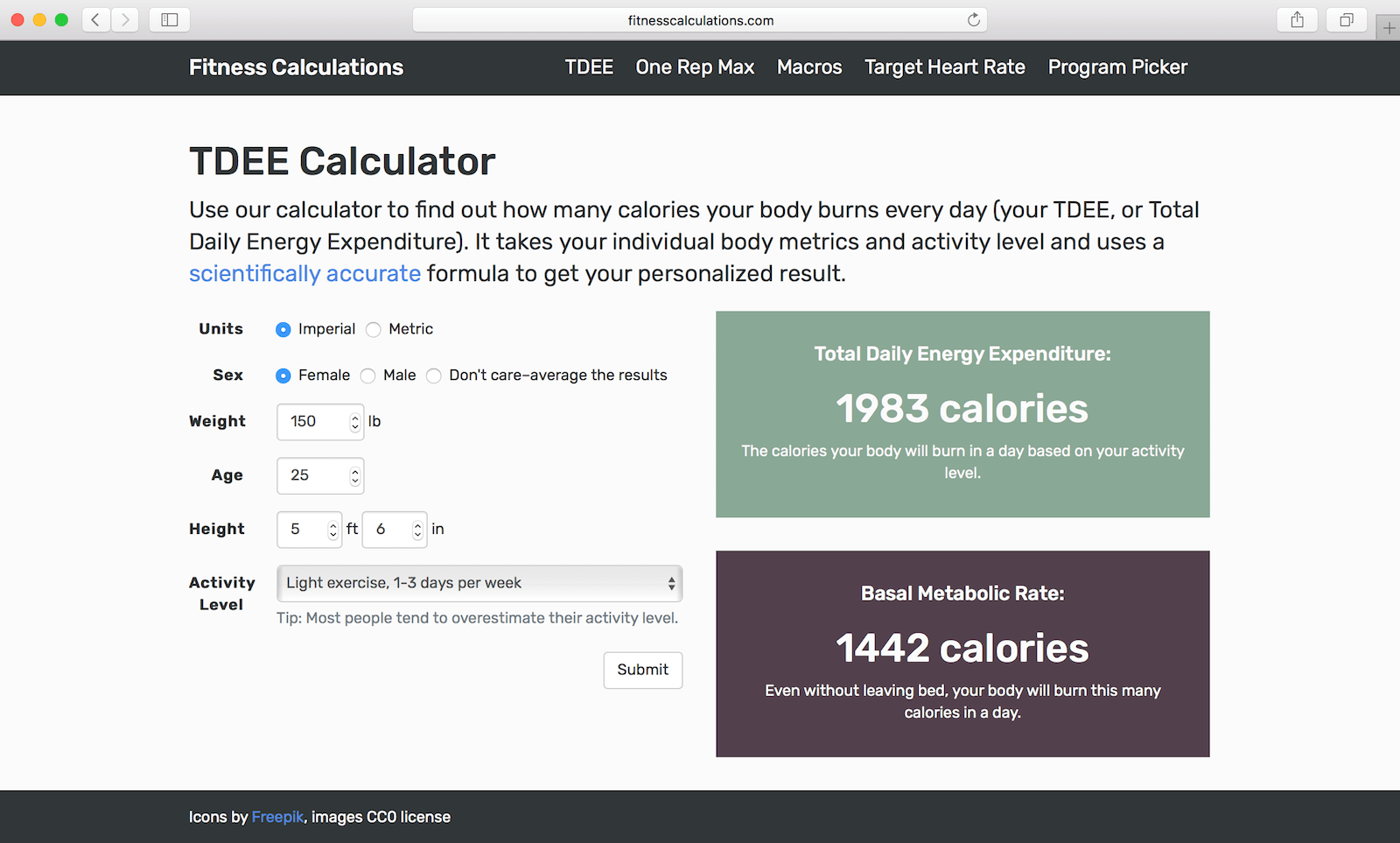 A screenshot of the fitness calculations site.