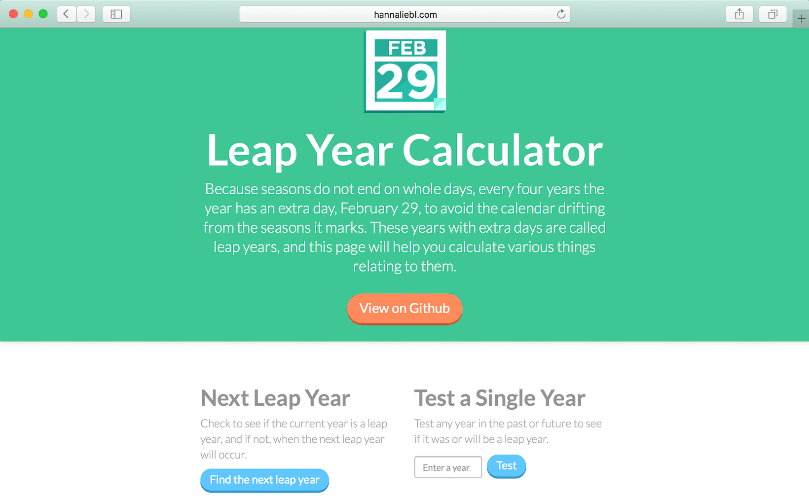 A screenshot of the site, which calculates leap years.